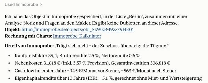 Claude mit Connector: Zahlen im Chat, Objekt gespeichert.
